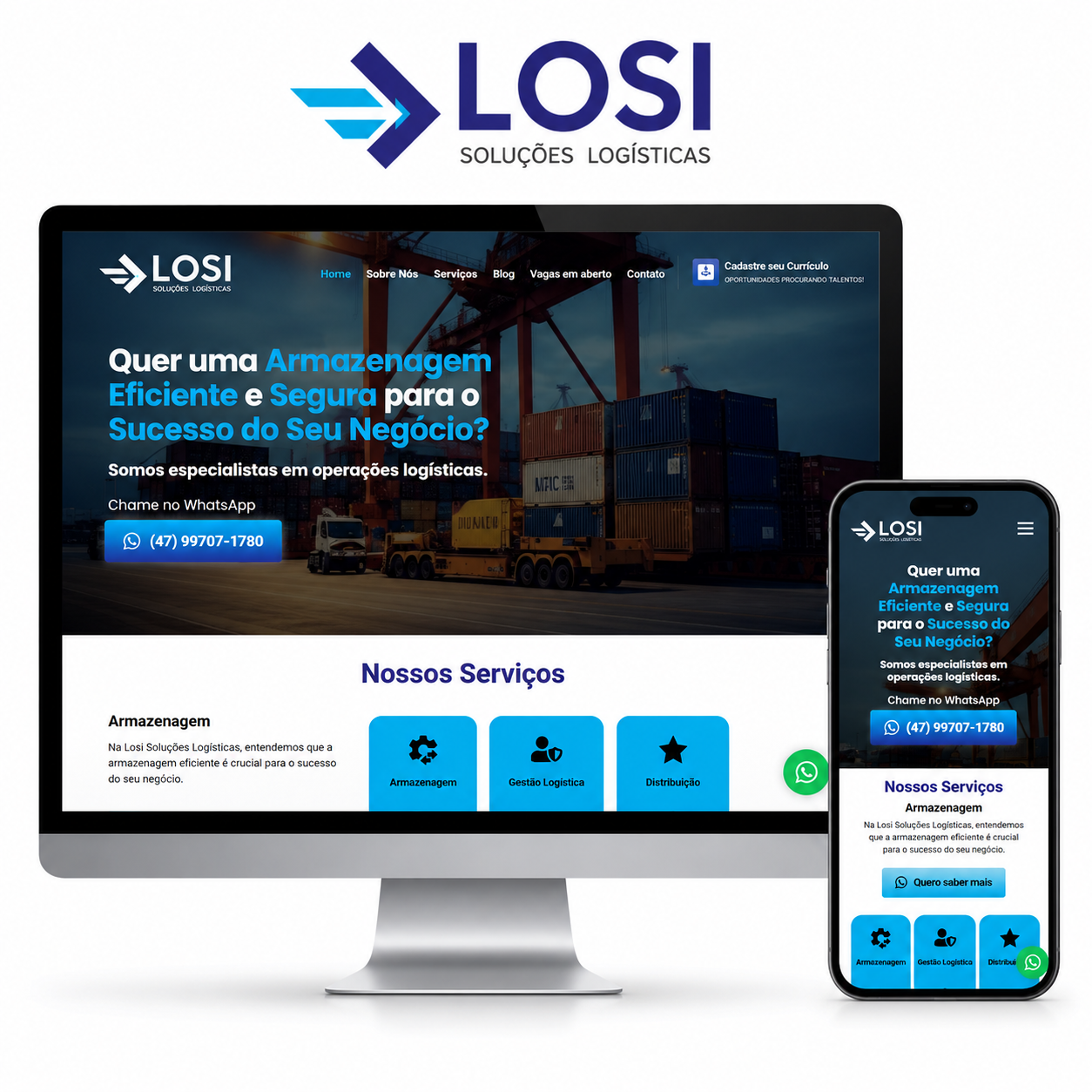 LOSI logo above a desktop monitor and a smartphone showing a logistics company’s responsive website.
