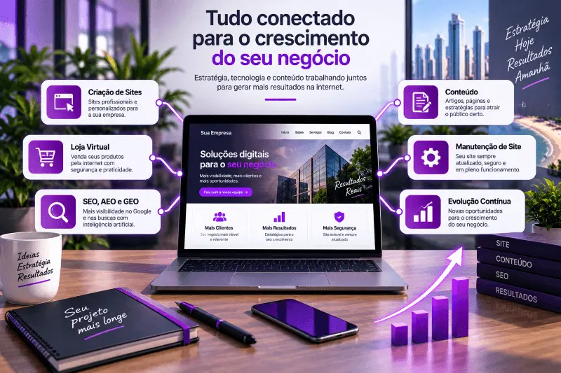 Estratégia digital com site, blog, SEO, loja virtual e manutenção