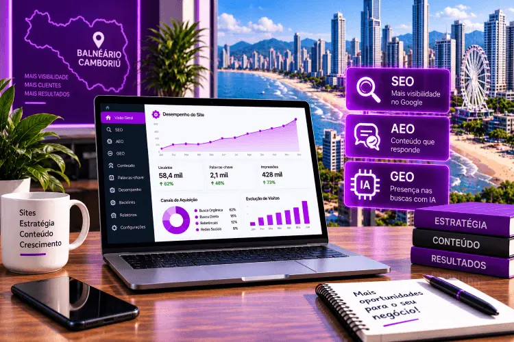 Otimização de site com estratégias de SEO, AEO e GEO para empresas de Balneário Camboriú