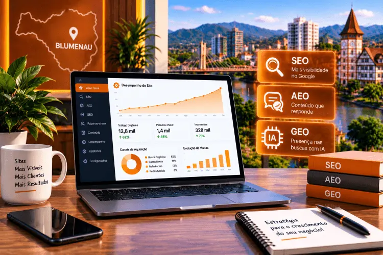 Otimização de site com estratégias de SEO, AEO e GEO para empresas de Blumenau
