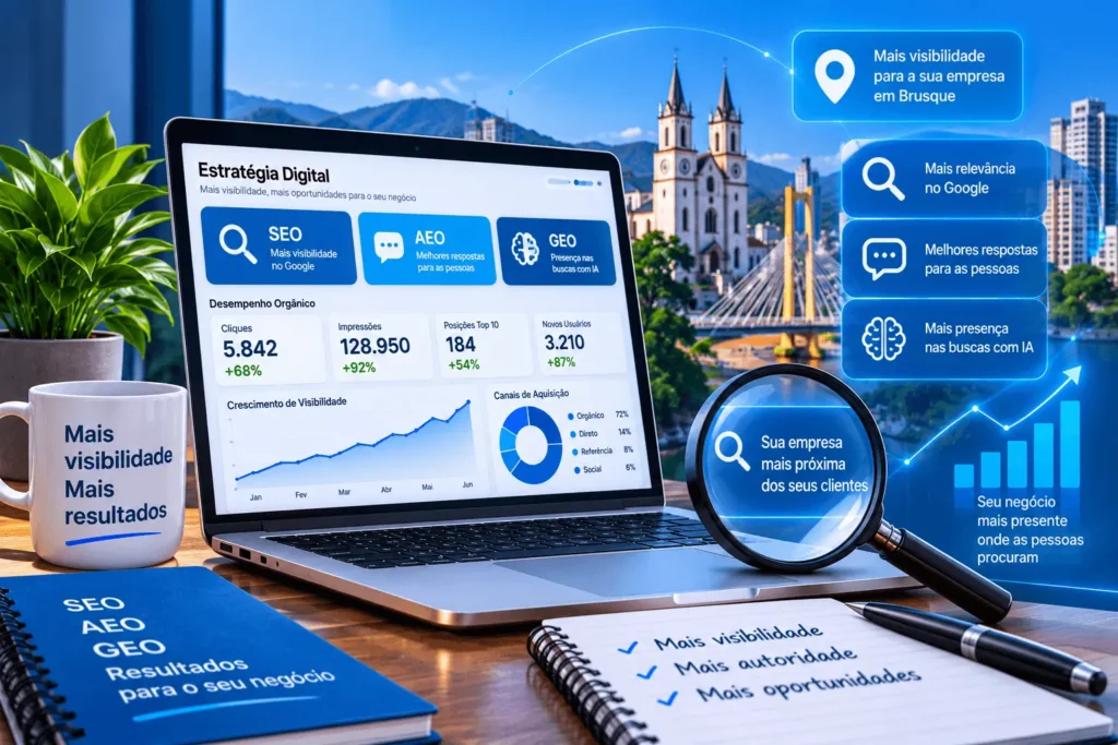 Otimização de site com estratégias de SEO, AEO e GEO para empresas de Brusque