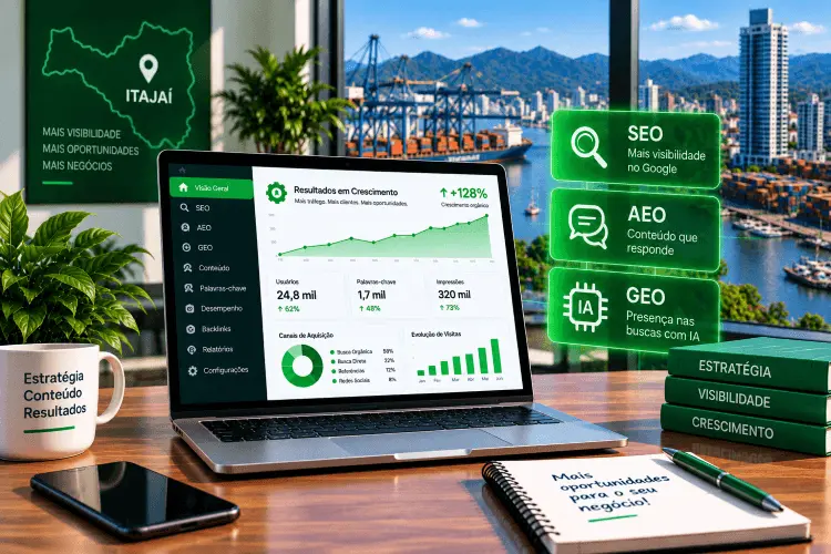 Otimização de site com estratégias de SEO, AEO e GEO para empresas de Itajaí